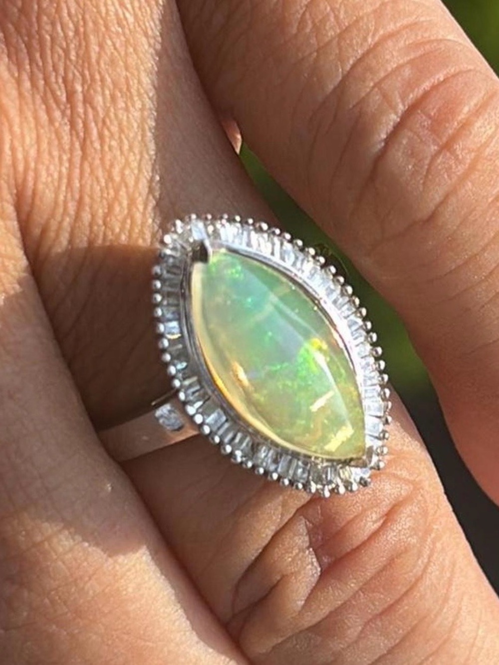D’joy Sterling Silver Opal with Diamond Halo Ring in Iridescent Yellow-Green